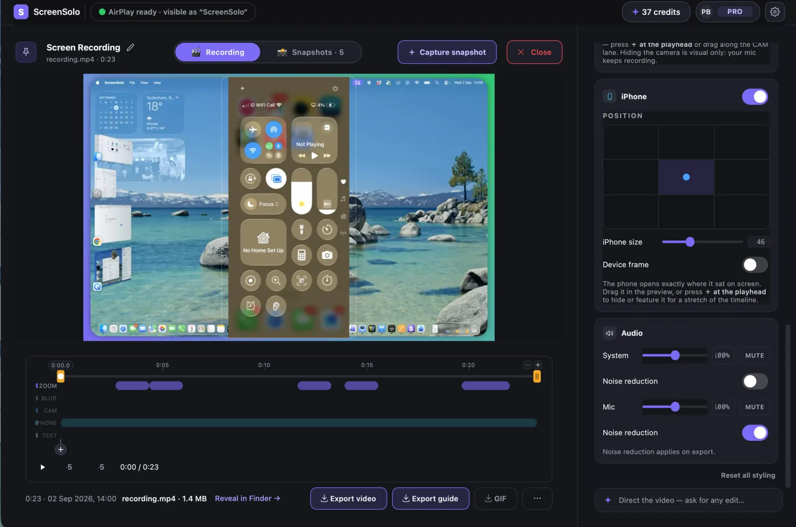 The editor on a whole-screen take with the mirrored iPhone as its own layer — the iPhone panel open with the 3×3 position grid and size slider, and the PHONE track running on the timeline.