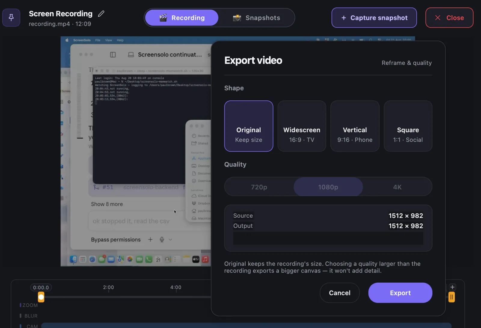 The Export video dialog — Original shape selected at 1080p, with Widescreen 16:9, Vertical 9:16 and Square 1:1 alongside, and the source and output sizes listed below.