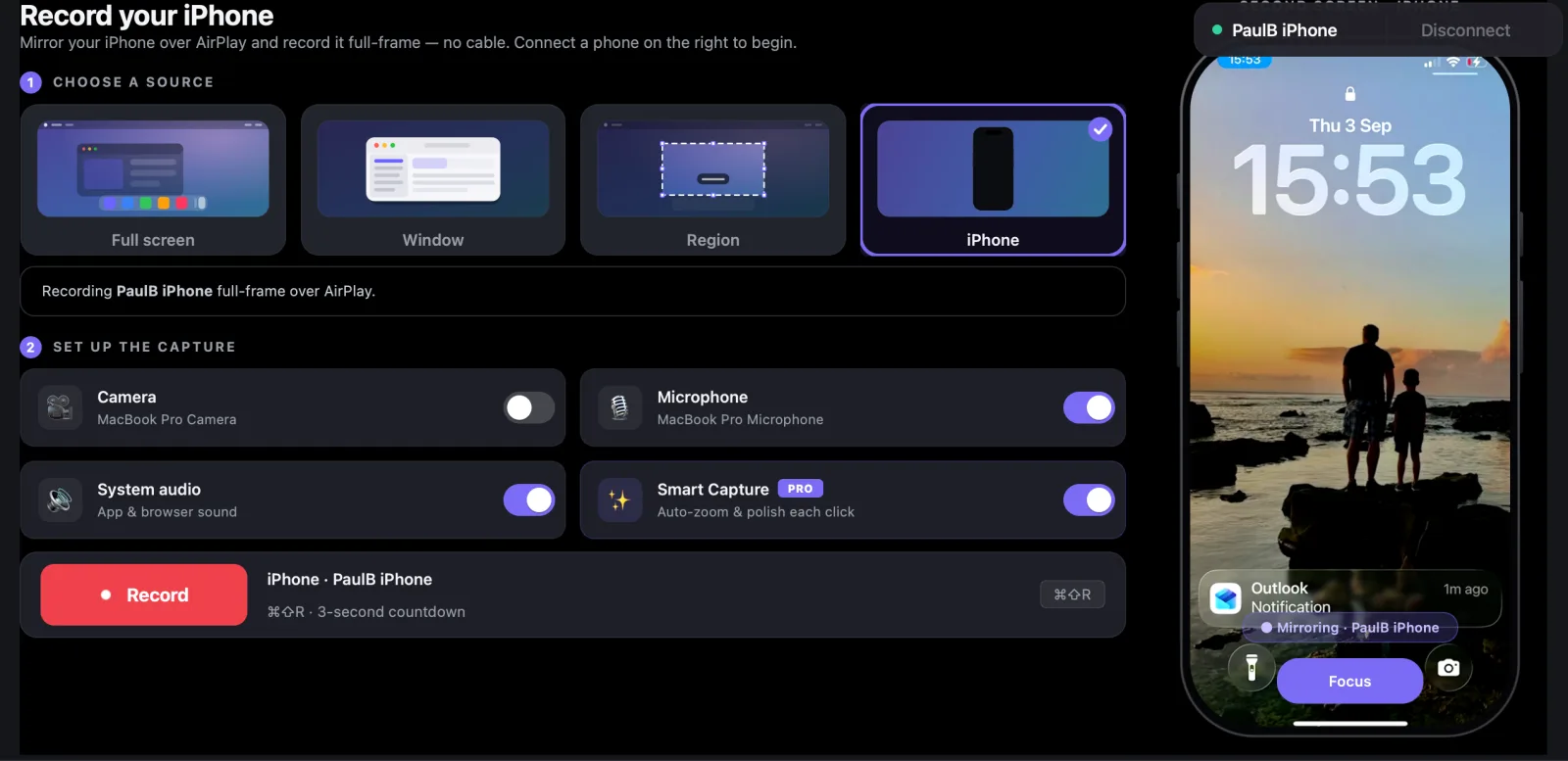 The Record your iPhone screen — iPhone selected as the source, the mirrored phone live on the right, and the Record button ready with microphone, system audio and Smart Capture on.
