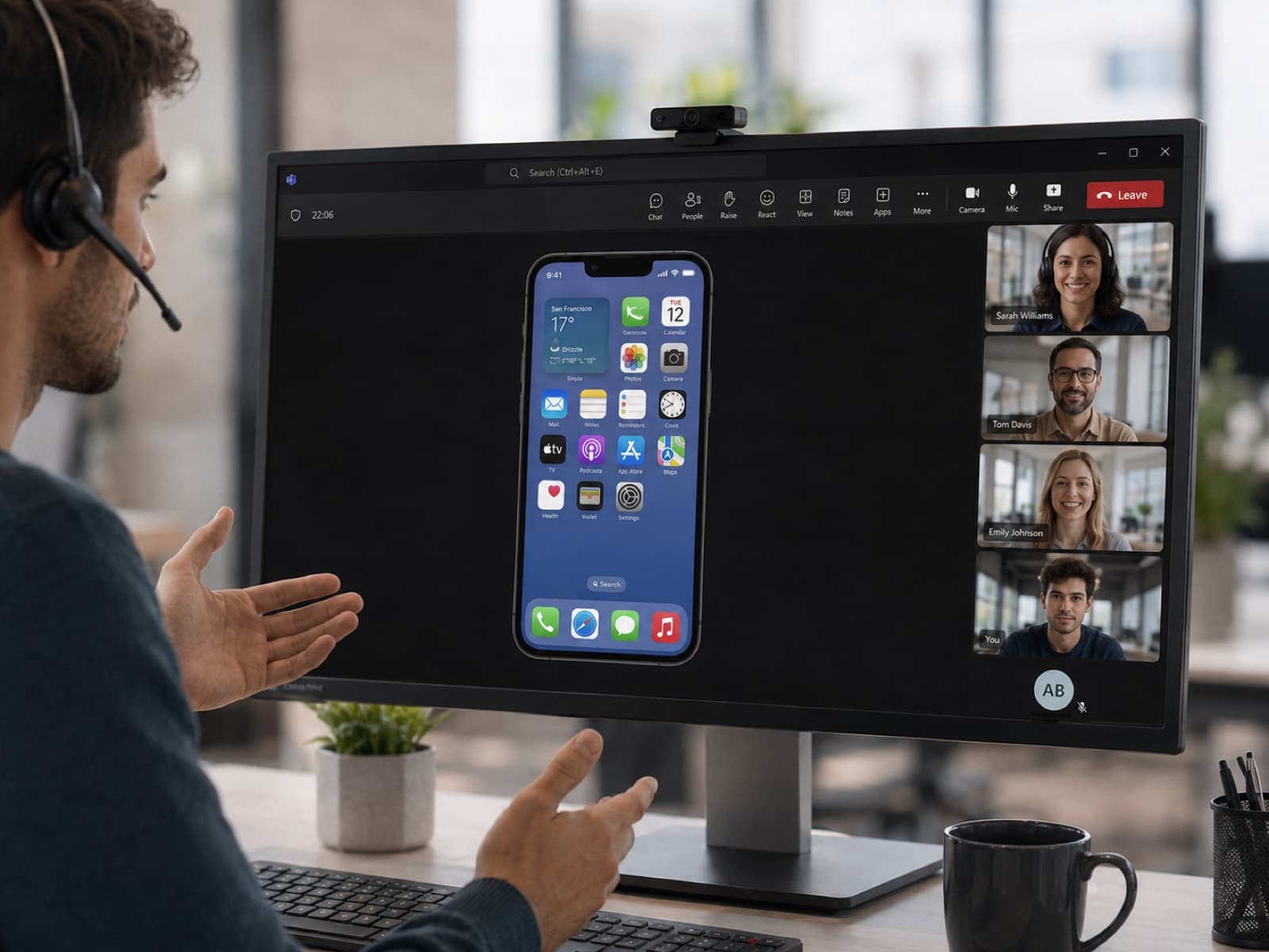 A presenter on a headset sharing a mirrored iPhone screen into a video call, with the meeting participants in tiles alongside.