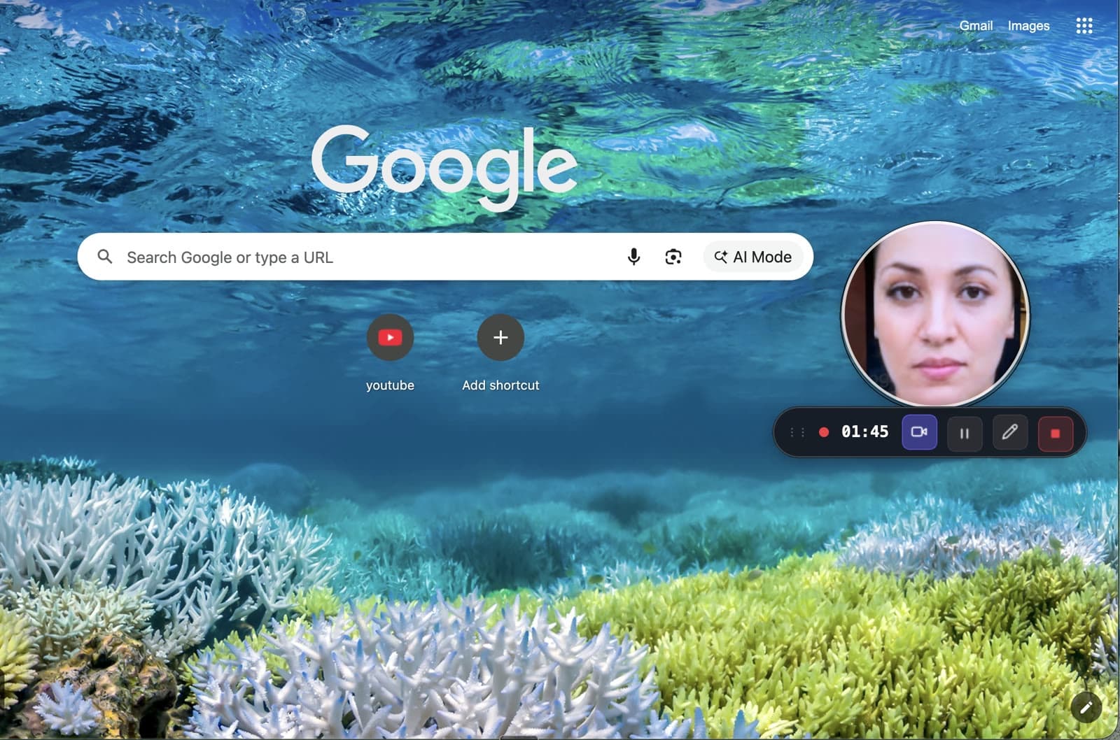 A screen recording in progress — the presenter's webcam bubble floats over the page beside the live recording pill showing the timer, pause, annotate and stop controls.