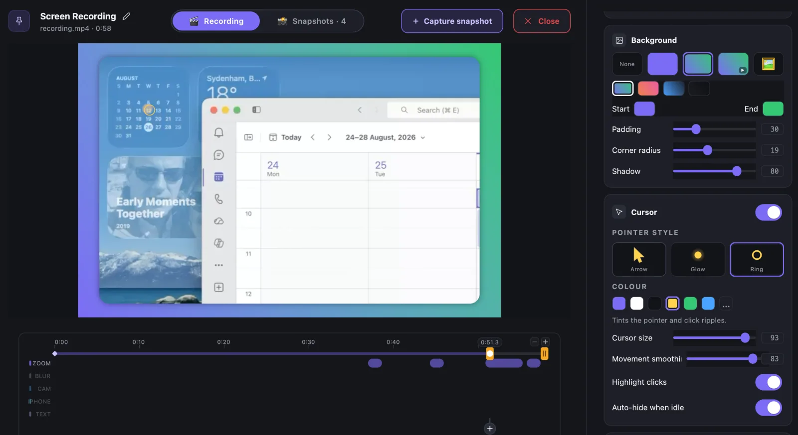 A Smart Capture take in the editor, zoomed in on a calendar click — a ring marking the click, zoom chips on the timeline, and the backdrop and cursor styling panels open.