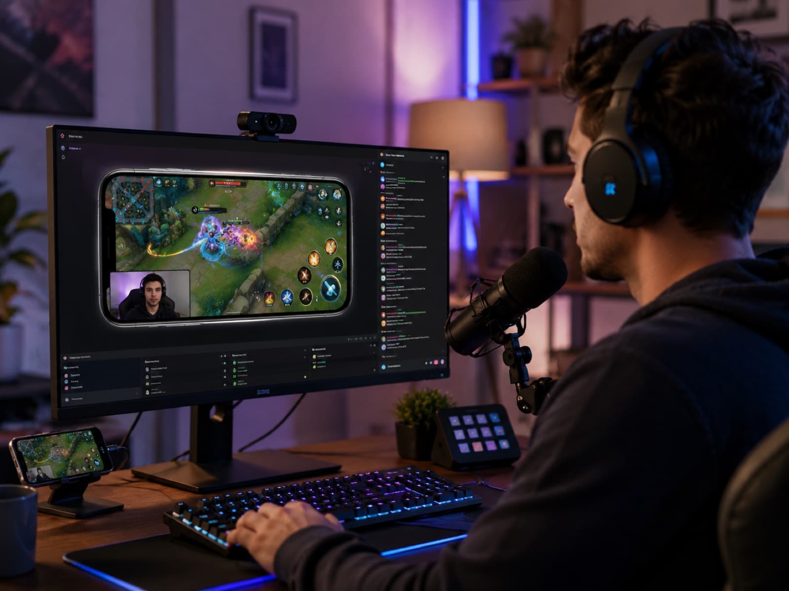 A streamer with headset and mic playing a mobile game mirrored from the phone onto a monitor, with a face-cam inset and live chat.