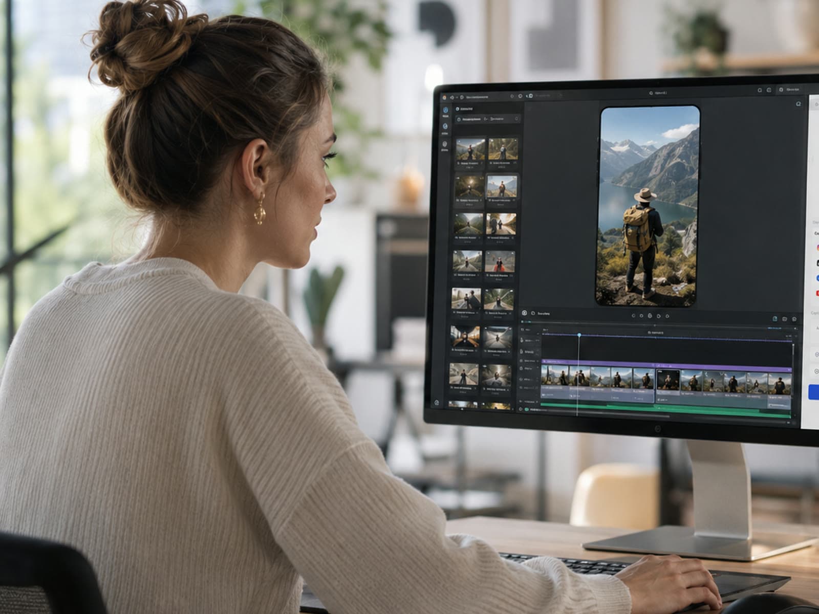 A content creator at a bright desk editing a vertical phone clip on a large monitor, with a filmstrip of takes down the side.