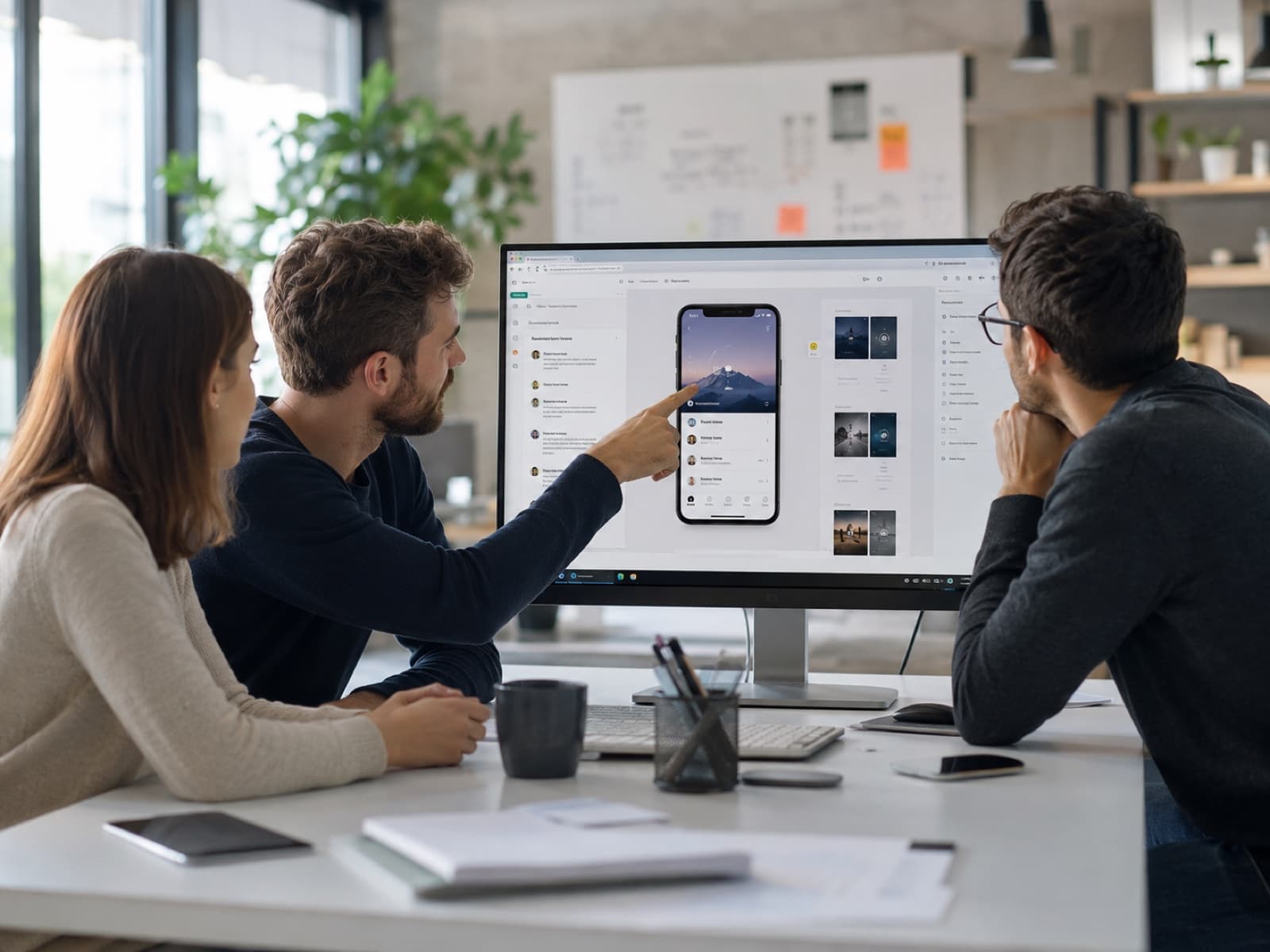 A product team at a desk reviewing a mobile app flow mirrored onto a large monitor, one person pointing at the phone screen.