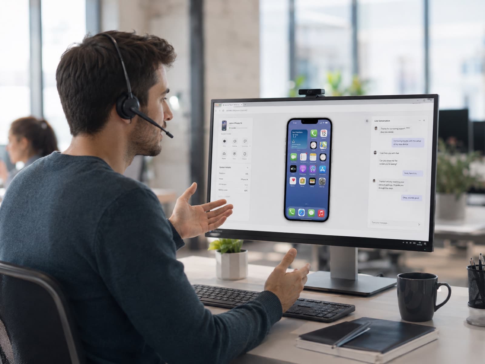 A support and sales agent on a headset walking a customer through their mirrored iPhone screen on a desktop monitor, chat panel alongside.