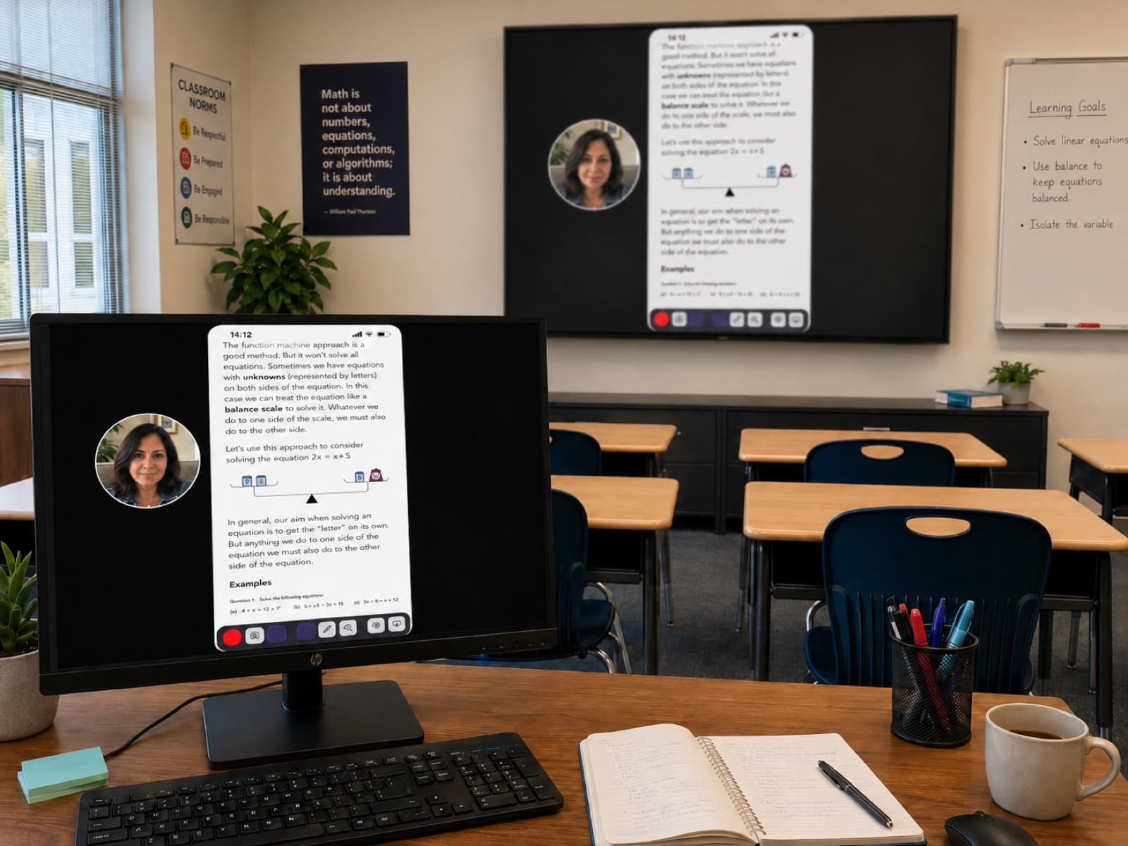 A teacher live-annotating a lesson mirrored from a phone, shown on her monitor and projected on the classroom display for students.
