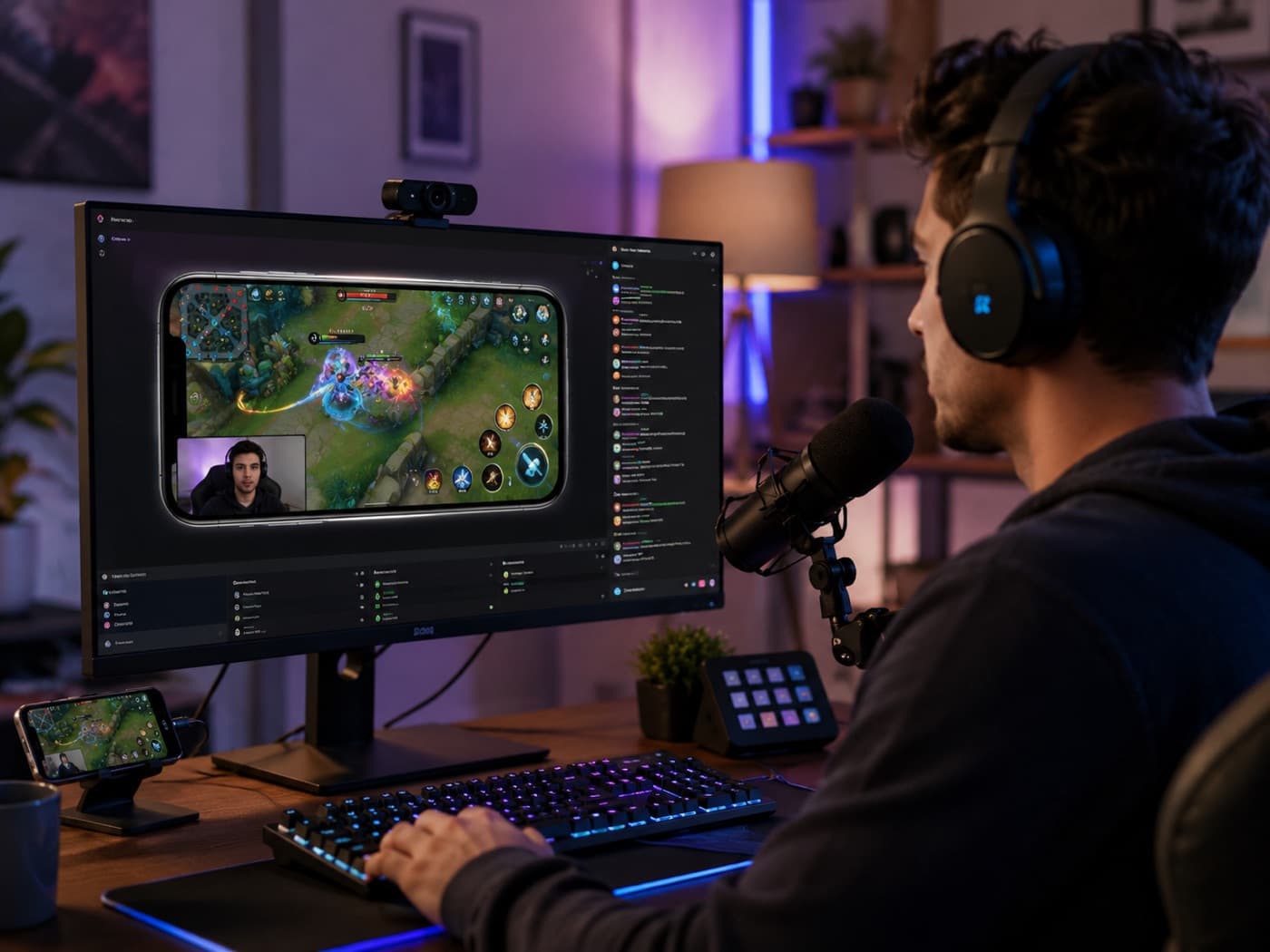 A streamer at an RGB-lit desk with headset and mic, a mobile game mirrored to the monitor through ScreenSolo with a face-cam bubble and live chat alongside.