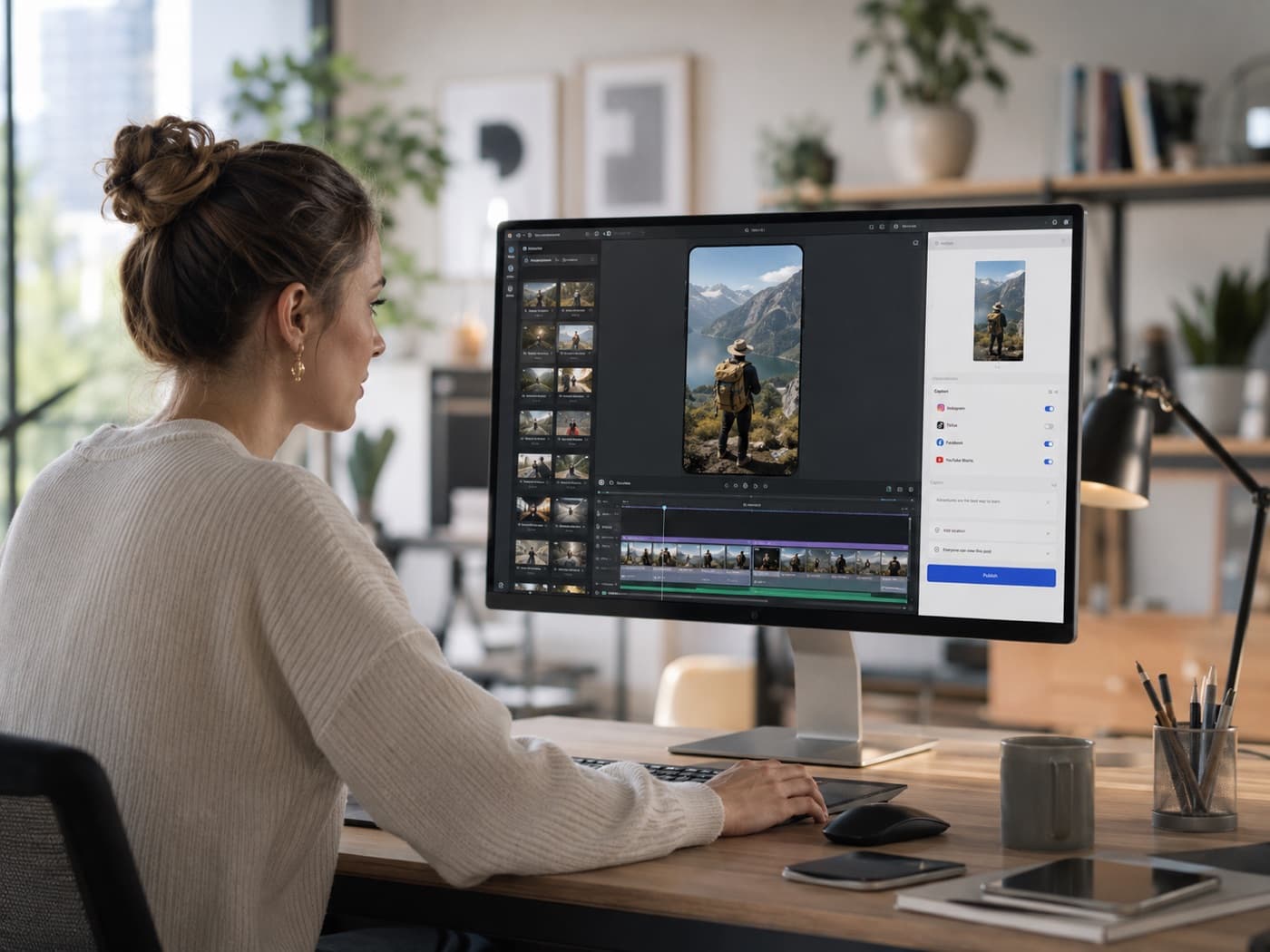A marketer at a desk editing a recorded clip in ScreenSolo, with a mirrored iPhone preview and one-tap publish toggles for Instagram, TikTok, Facebook and YouTube.