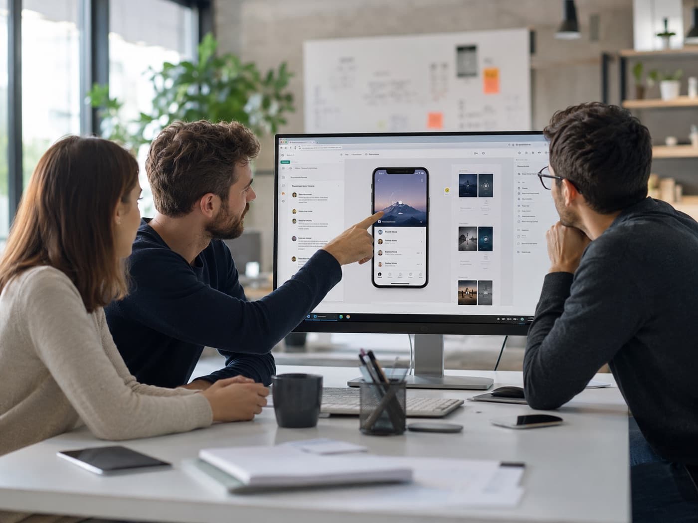 Three product-team colleagues around a desktop monitor running ScreenSolo, a mirrored iPhone on screen, one of them pointing to a detail in the app.
