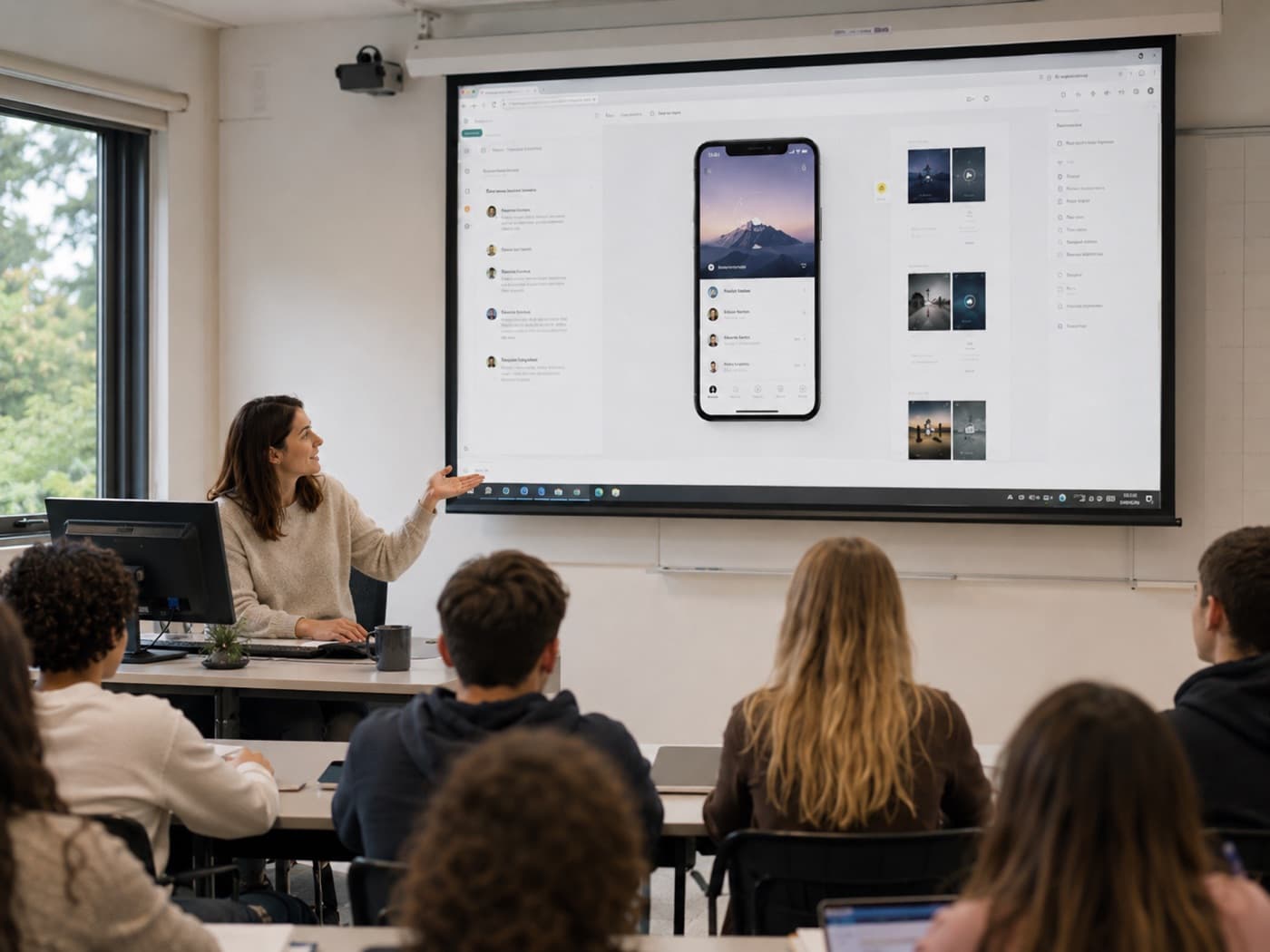 A teacher at the front of a class gesturing to a large projector screen, where a lesson is mirrored from an iPhone through ScreenSolo while students watch.